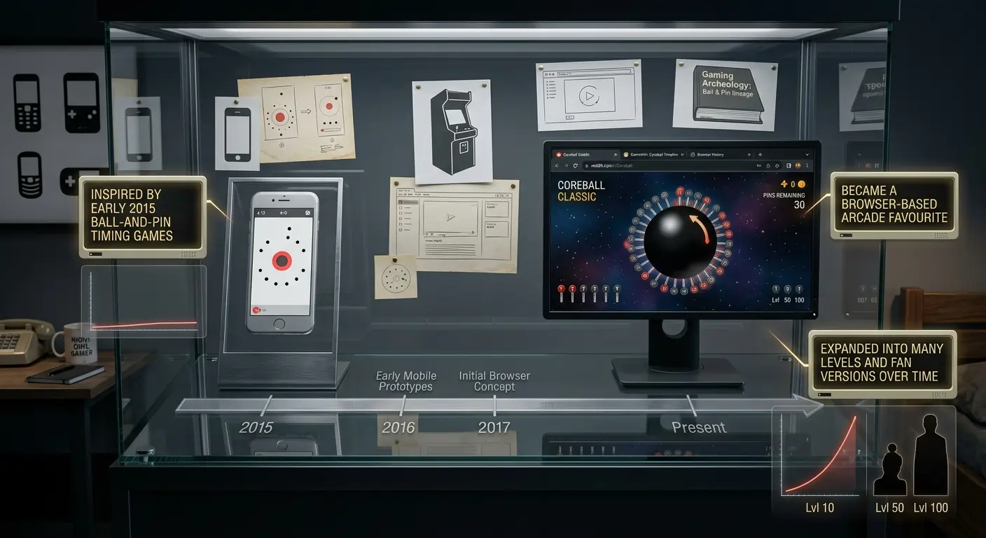 Illustration of Coreball's history, from early timing games to the browser version