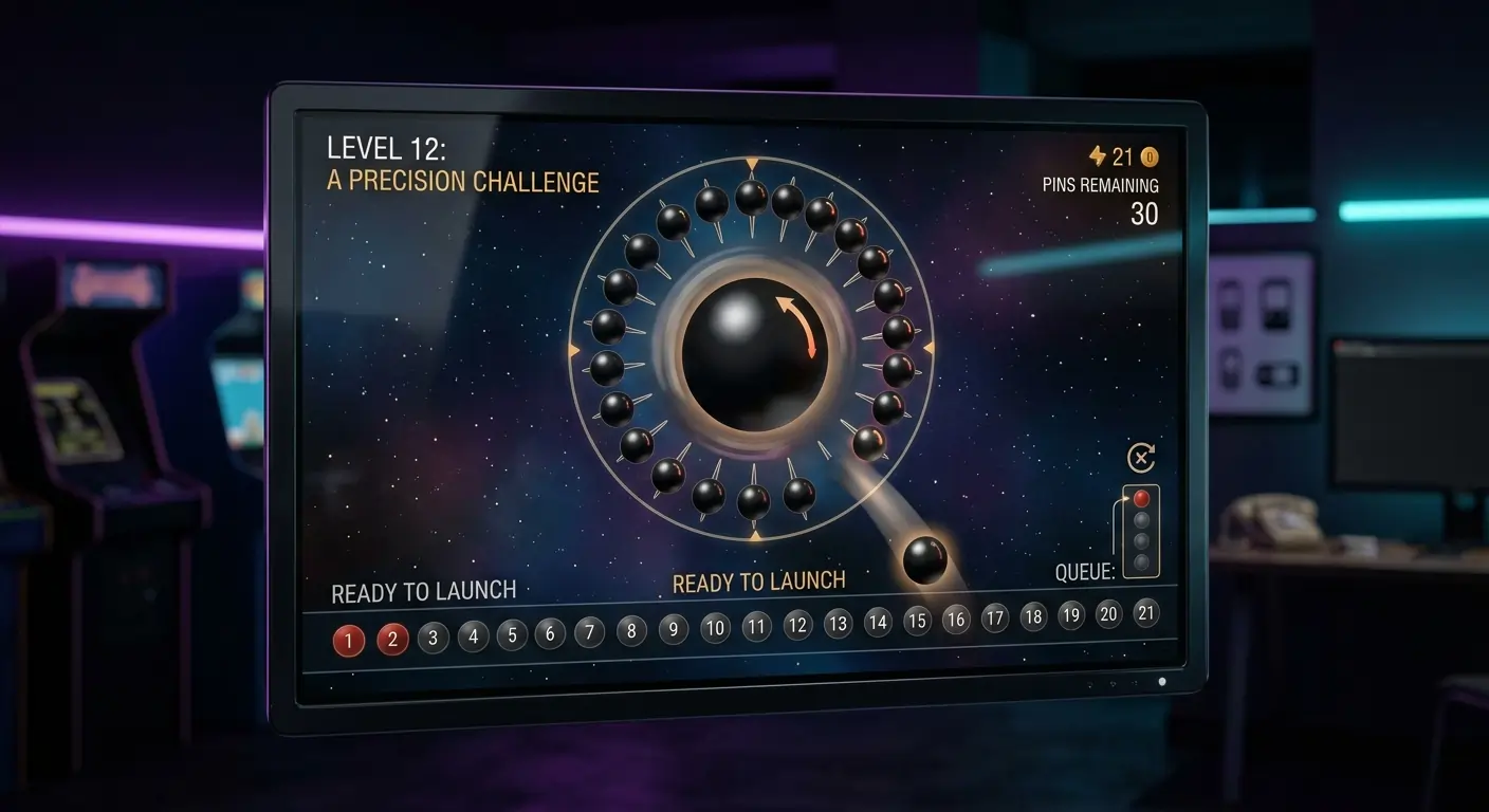 Coreball gameplay: a spinning core with attached balls and a new ball aimed at an open gap
