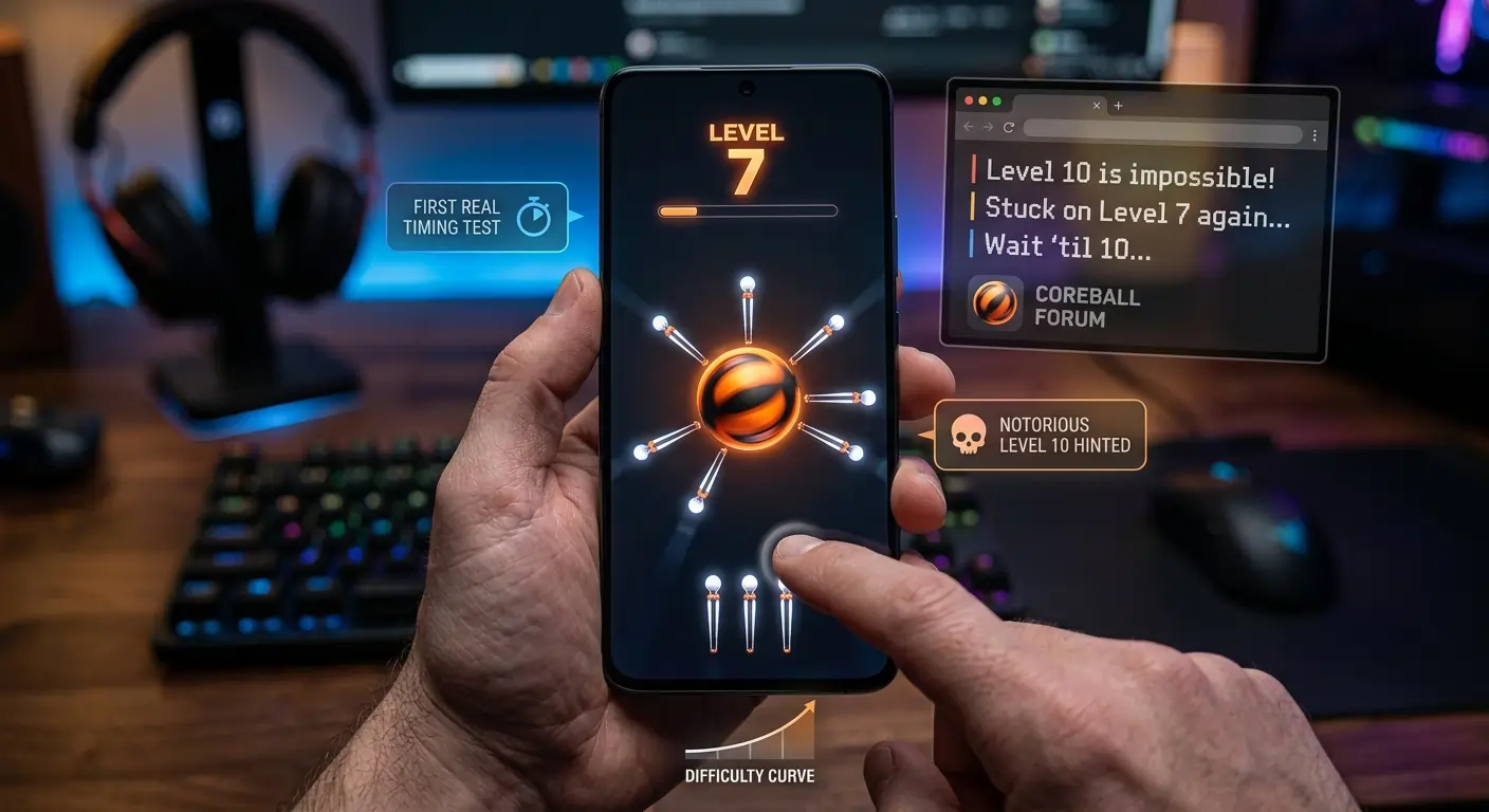 Coreball level 7 gameplay on a phone, the first real timing challenge before level 10